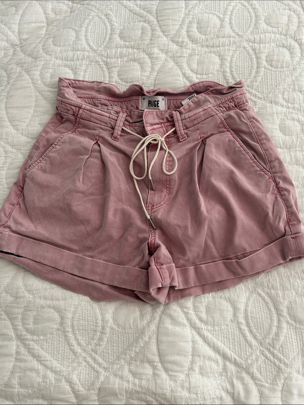 PAIGE Dusty Rose Drawstring Cuffed Jean Shorts
